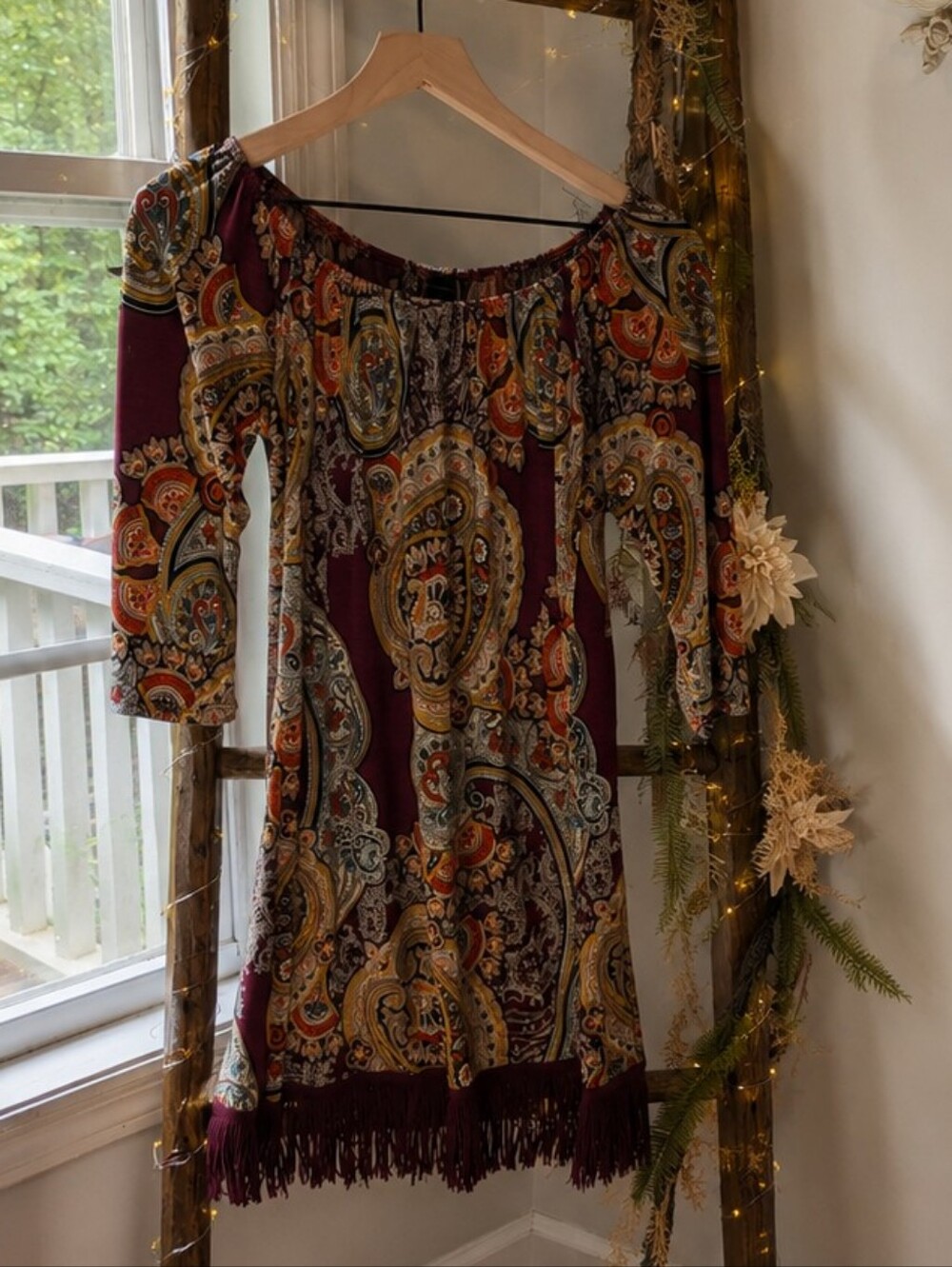 Boho Burgundy Floral Paisley Dress Fall Festival Western - Picture 2 of 6